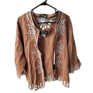 Bob Mackie Wearable Art Jacket Tank Set Womens XL Brown Linen Embroidered Boho